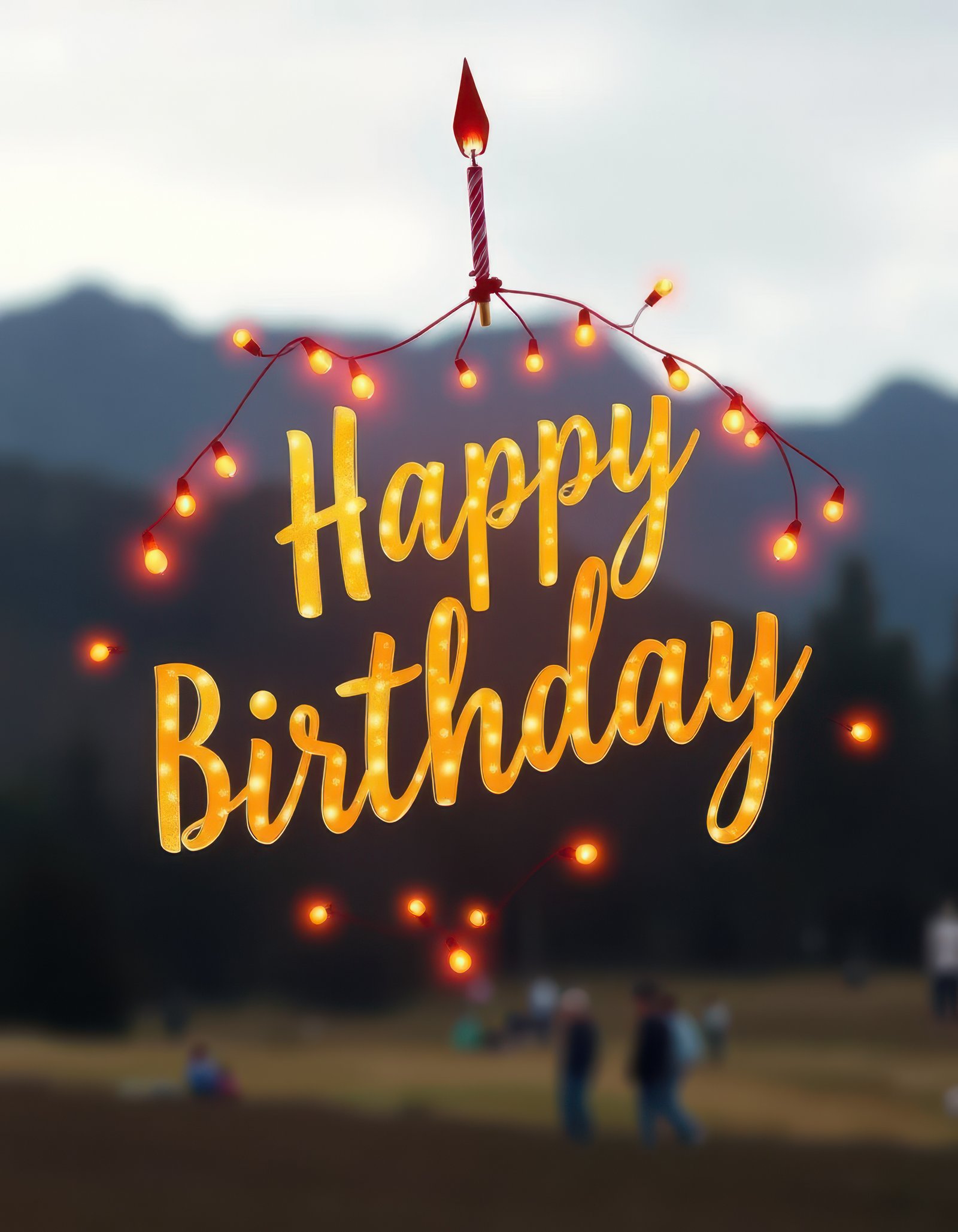 Happy birthday sign decorated with lights in a festive outdoor celebration during the afternoon in a scenic mountainous location